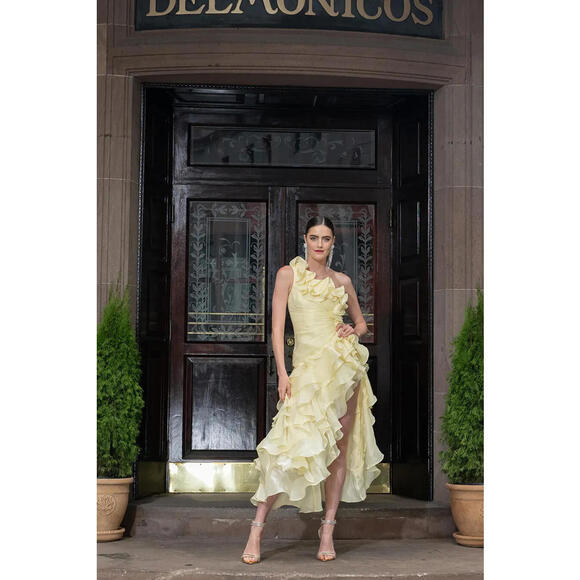 Badgley Mischka Dresses & Skirts - Badgley Mischka Pale Yellow Ruffled Asymmetric Evening Dress